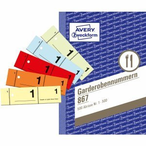 AVERY Zweckform 10 x Garderobennummern A6 farbig Sortiert 100 Blatt/Block farbig Sortiert