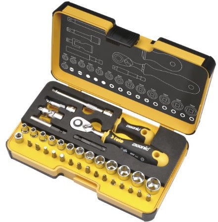Felo Werkzeugsatz R-GO XL Inch 1/4' mit ERGONIC Ratsche, Bits, Steckschlüsseleinsätzen (Inch Abmessungen) und Zubehör 36-tlg