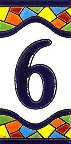 Numero casa. Insegna con numeri e lettere fatte di piastrelle di ceramica policroma, dipinte a mano con la tecnica cuerda seca, nomi indirizzi e segnaletica. Testo personalizzabile. Disegno MOSAICO MEDIANO 10,9 cm x 5,4 cm. (NUMERO SEI 6)