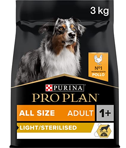 PURINA PRO PLAN Adult Light/Sterilized – Trockenfutter für ausgewachsene Hunde, sterilisiert, alle Größen, mit Huhn, 4 Packungen zu je 3 kg