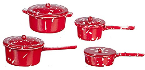 Melody Jane Maison de Poupées Accessoire de Cuisine Miniature Rouge Métal Casserole Jeu de Poêle 2106r