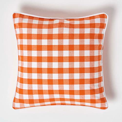 HOMESCAPES Orange and White Gingham Cushion Cover 45 x 45 cm (18” x 18”) Block Check Pattern 100% Cotton Decorative Square Cushion