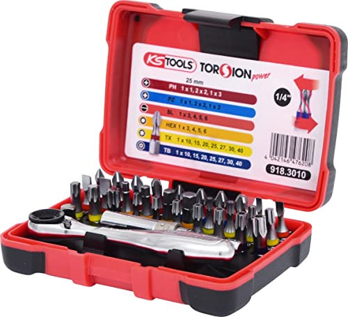 KS Tools 918.3010 1/4 TORSIONpower Bit-Box, 32-teilig, Bitbox für Handbetätigung und Elektroschrauber, inkl. Schnellwechsel-Bithalter, Stecknussadapter, Gürtelhalter und Bits, in 2-Komponenten-Box, 4042146476208