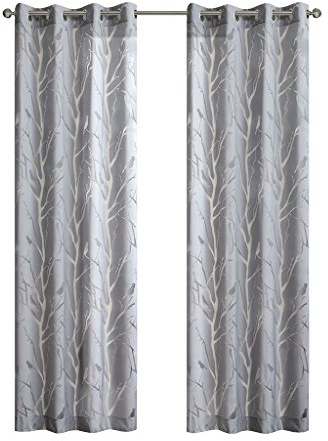 Madison Park Semi Sheer Curtain Modern Contemporary Botanical Print Out Design, Grommet Top, Single Window Drape for Living Room, Bedroom and Dorm, 50x95, Bird Grey