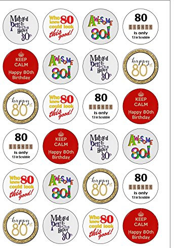 24 Precut Age 80 Eighty Eightieth 80th Birthday Edible Wafer Paper Cake Toppers Decorations