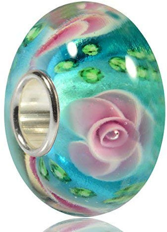 Breloque MATERIA - En argent 925 - Pendentif rose, turquoise, rose et vert - En verre de Murano - Perle pour bracelet #440