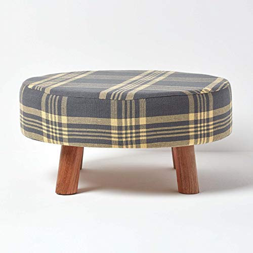 HOMESCAPES Circular Grey Yellow Tartan Footstool - 62 x 62 x 30 cm