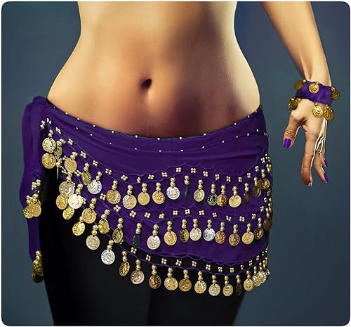 MyBeautyworld24 Belly Dance Bauchtanz Kostüm in lila Hüfttuch inkl. EIN Paar Handketten Münzgürtel Fasching Karneval