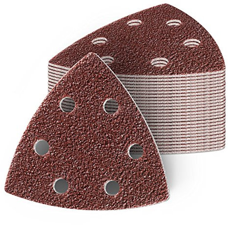 25 Stück Delta Schleifdreiecke 93x93x93 mm Deltaschleifer P80 Körnung, 6 Loch, red Film, Haft Klett Schleifpapier