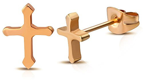 Bungsa Kreuz Ohrstecker rosegold rosé rotgold - 1 Paar Edelstahl (Ohrringe Ohrschmuck Ohrklemmen Damen Frauen Medieval Cross Religon Jesus Christus Herren Mode Studs Earrings)