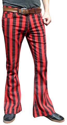 Fuzzdandy Hommes Bell Bas Évasé Rouge & Noir Rayé Pantalon Jeans - Rouge et Noir Rayures, 36 Waist x 32 Leg