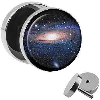 Treuheld | Ohrstecker zum Schrauben - Galaxy - Motiv Fake-Plug Ø 10mm Silber - Edel-Stahl Ohr-Ringe - Chirurgen-Stahl 316L Fake-Tunnel - Gewinde Ohr-Stecker - Weltall Weltraum Galaxie