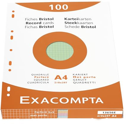 Exacompta Étui de 100 fiches bristol quadrillé 5x5 perforé 210x297mm Couleurs assorties