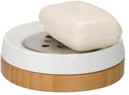WENKO Seifenablage Bamboo - Seifenschale, Keramik, 11.5 x 3.8 x 11.5 cm Weiß / Braun