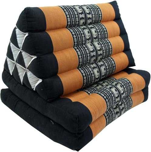GURU SHOP Thaikissen, Dreieckskissen, Kapok, Tagesbett mit 2 Auflagen - Schwarz/orange, 30x50x120 cm, Asiatisches Sitzkissen, Liegematte, Thaimatte