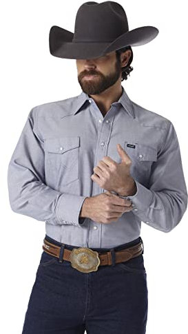 Wrangler Men's Western Long Sleeve Snap Work Washed Finish button down shirts, Light Denim, 18 Inches Neck 35 Inches Sleeve UK