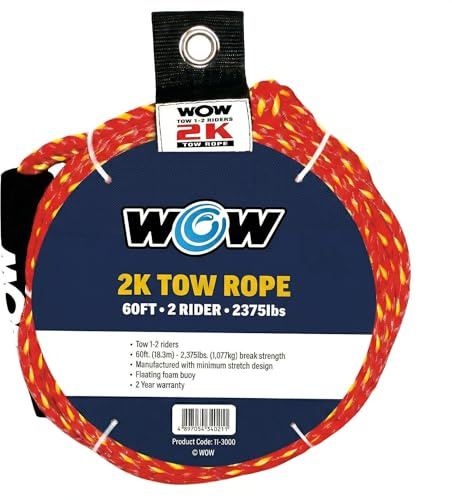 Wow Sports 2K Tow Rope for Towable Tubes - 60 ft - 16-Strand Braided Polypropylene - Floating Foam Buoy - 1-2 Riders