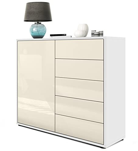 Vladon Sideboard Ben V2, Made in Germany, Kommode mit 1 Tür und 5 Schubladen, Weiß matt/Creme Hochglanz (79 x 74 x 36 cm)