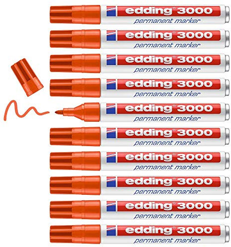 edding 3000 Permanentmarker - orange - 10 Stifte - Rund-Spitze 1,5-3 mm - schnell trocknender Permanent Marker - wasserfest, wischfest - für Karton, Kunststoff, Holz, Metall - Universalmarker