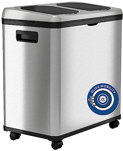 iTouchless 16 Gallon Touchless Sensor Kitchen Trash Can and Recycle Bin with Wheels, 61 Liter Stainless Steel Dual-Compartment (2 x 8 Gallon) Combo Recycling and Garbage Trashcan