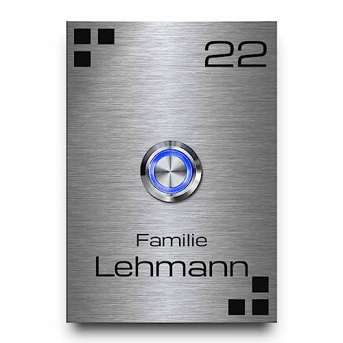 Robustes Klingelschild aus V2A Edelstahl mit individueller Gravur - Türklingel Modell Lehmann ab 7x10 cm | personalisierte Gravur mit Motiven und Wunschtext