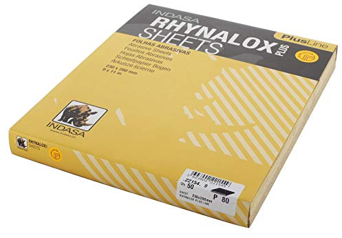 Indasa Rhynalox Plusline Production Paper P80 grit Sand Paper Sheets Pack 50 Automotive Refinishing Sandpaper Sanding Paper Sheets Solid 230mm x 280mm System