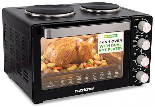 NutriChef 30 Quart Kitchen Convection Oven & 2 Burner Cooker - 1500 Watt Oven - 7 Cook Functions Rotisserie, Cook, Bake, Broil & More - Includes Baking Tray, Skewers & Handles - 19.6 x 16.0 x 13.5 IN