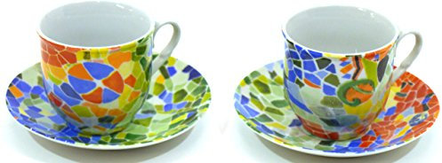 ART ESCUDELLERS Set DE 2 Tazas TROM con Plato de Porcelana Decorada en TRENCADIS al Estilo Gaudí. (Color Aurora). 12 cm x 12 cm x 12 cm