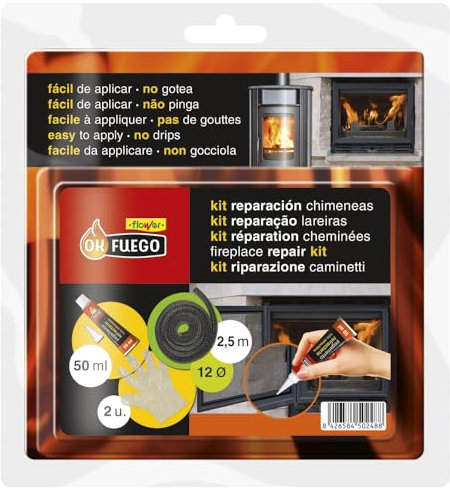 Flower - Kit de Reparación para Chimenea | Junta de Fibra de Vidrio 2.5 m | Pegamento Refractario | Incluye Guantes Resistentes al Calor | Compatible con Calderas y Estufas, Negro
