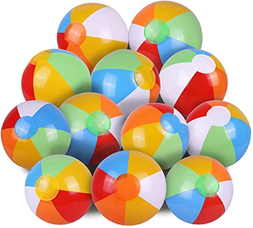 SYZ 12 Beach Balls Bulk - Inflatable Swimming Pool Toys for Kids Birthday Party Supplies Favors Luau Decorations - Blow Up Classic Rainbow Color Beachball Summer Water Games Fun Gifts (12 Pack)