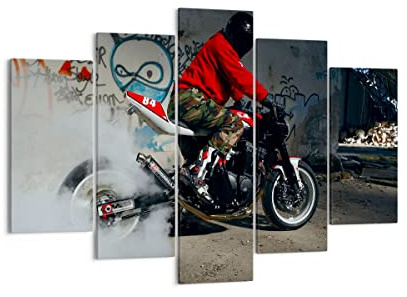 Leinwandbild 150x100cm Wandbild Menschen Autos - 2265 | Motorrad Motorradfahrer Graffiti Mehrteilige Groß XXL Wanddekoration Wohnzimmer Schlafzimmer Wand Kunstdruck Wandkunst ARTTOR