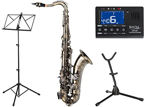 Classic Cantabile Winds TS-450 Antique Yellow Tenorsaxophon SET (Messing, Vintage Lackierung, Hoch-Fis-Klappen, Koffer, Ständer, Tuner, Metronom, Notenständer)