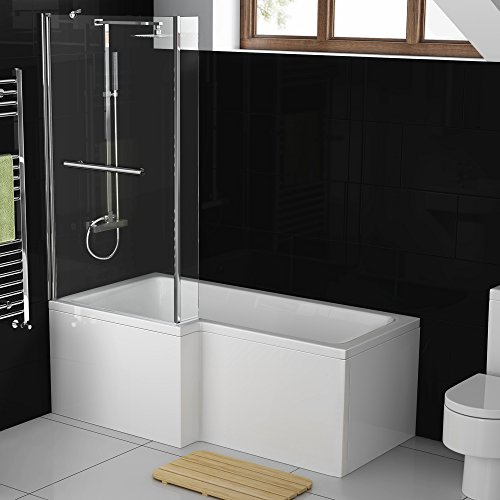1500 mm Left Hand L-Shaped Modern Shower Bath with Glass Shower Screen with Front Bath Panel