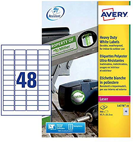 AVERY L4778-20 Box Blätter Etiketten Polyester, weiß