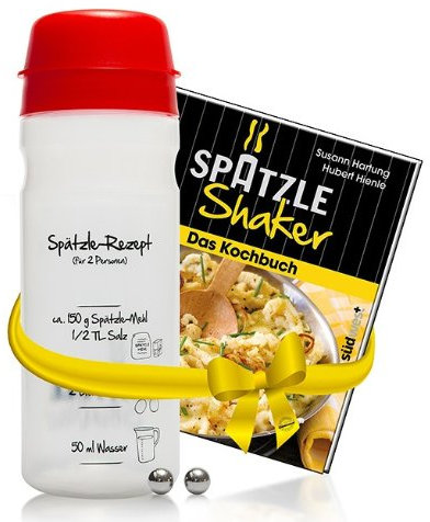 Einsteiger-Set zum Spätzle selber machen mit Spätzle-Shaker (675 ml rot) 2 Portionen & Rezeptbuch (8. Auflage, Verlag Südwest) Alternative zur Spätzlereibe, Spätzlepresse, Spätzlesieb, Spätzlehobel
