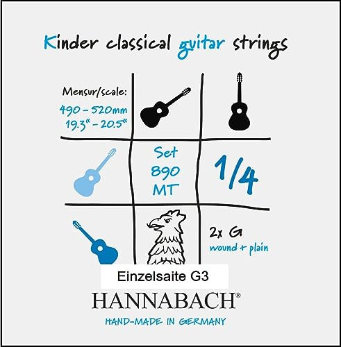 Cordes de guitare classique Hannabach Série 890 MT pour guitare d'enfant 1/4 Diapason : 49-52cm - Sol3-8903MT 1/4