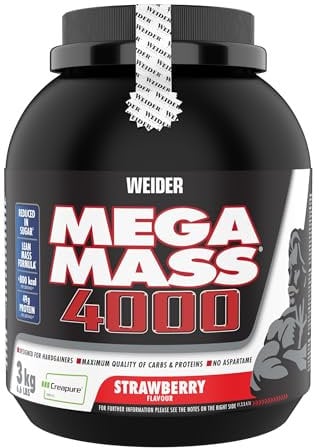 Weider Mega Mass 4000 - Weight Gainer Pulver mit 48g Protein & Kreatin pro Portion - Für Muskelaufbau & hohe Kalorienaufnahme - 3kg - Erdbeere