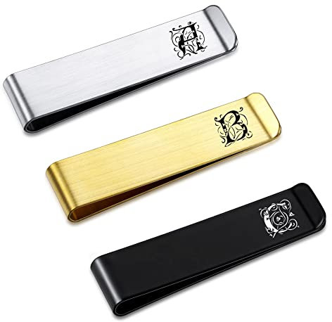 MeMeDIY Geldklammer Herren, Personalisierte Geldscheinklammer Gravur Geschenk für den Vater, Schmaler Kartenhalter, Silber, Gold, Schwarz, Edelstahl Vordertaschen (Anfangsmonogramm A Set mit 3 Farben)