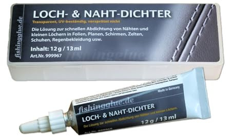 fishingglue.de Loch-& Naht-Dichter 12g, flüssiges PVC, Wasser-& UV-beständig, Flickzeug/Abdichtung kleine Schäden Zelt Isomatte Schirm Regenjacke Markise Pool Schlauchboot Plane wärmestabil bis 60°C
