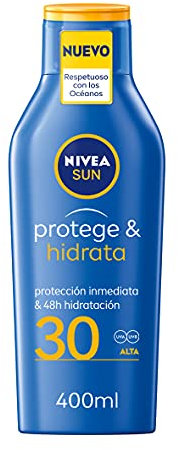 NIVEA SUN Protege & Hidrata Leche Solar FP30 (1 x 400 ml), protector solar hidratante y resistente al agua, crema solar 30 con protección UVA/UVB, protección solar alta