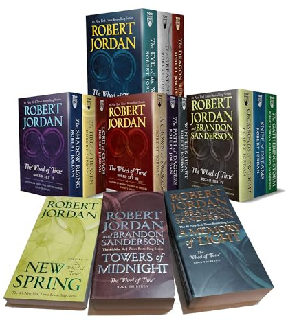 The Wheel of Time, 15 Book Set: New Spring, Eye the World, Great Hunt, Dragon Reborn, Shadow Rising, Fires Heaven, Lord Chaos, Crown Swords, Path Daggers, Winter's Heart, Crossroads Twilight, Knife Dreams, Gathering Storm, Towers Midnight, Memory Light