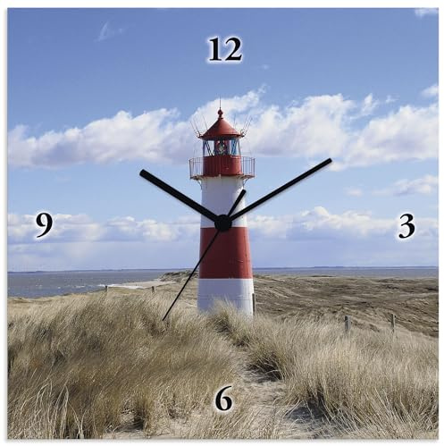 ARTLAND Wanduhr ohne Tickgeräusche Alu Funkuhr 30x30 cm Quadratisch Lautlos Strand Meer Leuchtturm Urlaub Sylt Maritim T9ML