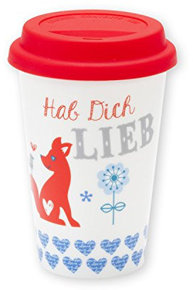 Die Geschenkewelt 43564 Becher mit Fuchs und Spruch Hab Dich lieb, Porzellan, 45 cl,mit Silikon-Deckel, rot, blau, weiß