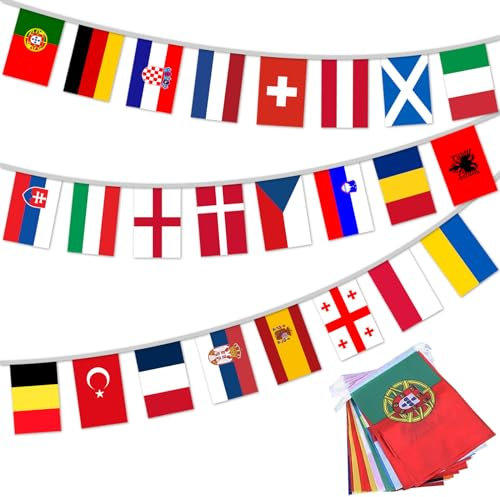 EM 2024 Deutschland Fußball Fahnenkette | 24 Länder Flaggen Girlande | Flaggengröße 28x20cm |10m Länge | EM 2024 Germany | Rechnung mit ausgewiesener Mwst, für Fan, Klub, Verein, Bars und Biergarten