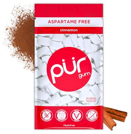 PUR Gum, Gomma Da Masticare Senza Zucchero, Con Xilitolo, Vegana, Senza Aspartame e Senza Glutine, Gomma Naturale Al Sapore Di Cinnamon, 55 Pezzi, Confezione da 1