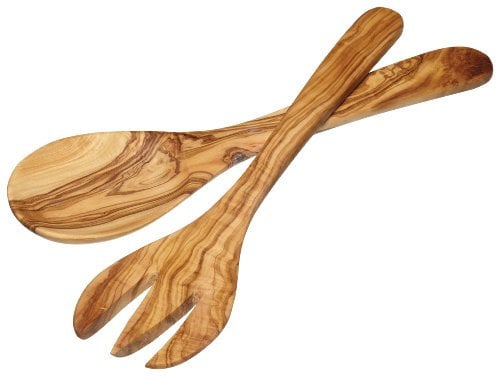 KitchenCraft: World of Flavours – Cubiertos de Ensalada Hechos a Mano, Cuchara y Tenedor de Madera de Olivo, Juego de 2 Piezas, 29 cm
