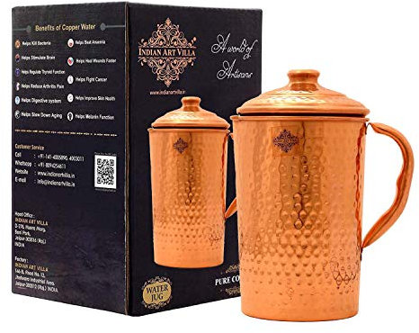 Indian Art Villa Pichet en cuivre martelé, volume 1,6 l, pour servir de l'eau, yoga ayurveda