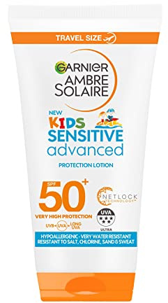 Garnier Ambre Solaire Kids Sensitive Hypoallergenic Sun Protect Lotion SPF 50+ Very High Protection Sunscreen Against UVA & UVB, Non Sticky Water Resistant Lotion, for Face & Body, Travel Size, 50ml