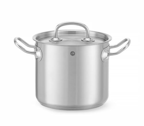 HENDI Kochtopf, Hoch, mit Deckel, geeignet für alle Herdarten, flacher Boden, kühl bleibende Griffe, Induktionskochtopf, Bratentopf, Fleischtopf, 2,8L, ø160x(H)140mm, Edelstahl, Aluminium