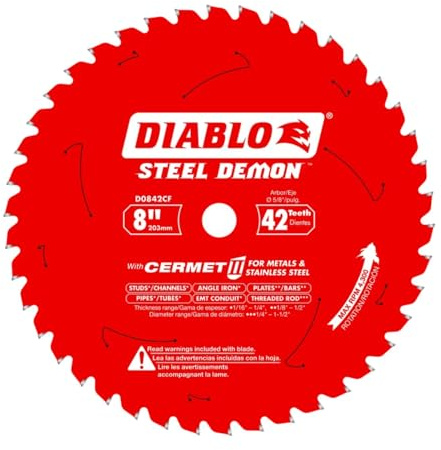 Diablo Steel Demon Cermet II Saw Blade for Thick Metal - 8 Diameter, 42 TCG Teeth, 5/8 Arbor, .075 Kerf, 0 Hook Angle, .063 Plate, 4300 Max RPM - D0842CF